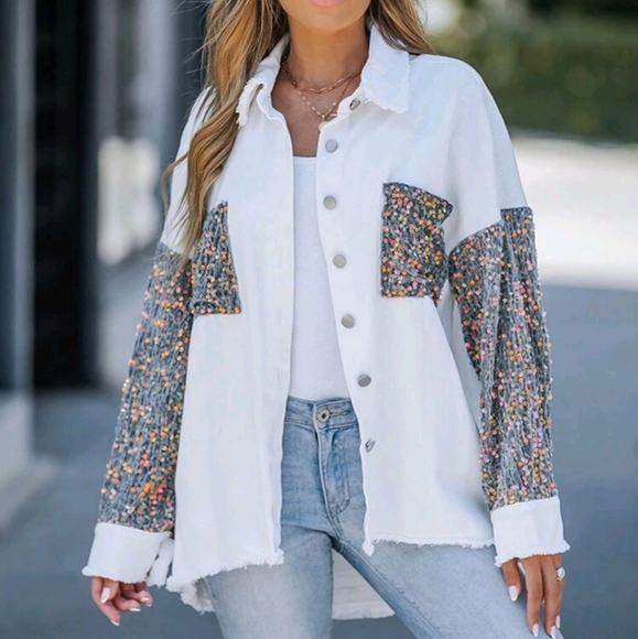 Spring & Fall Turn-Down Collar Contrast Sequin Raw Hem Button Front Jacket - Picture 5 of 5